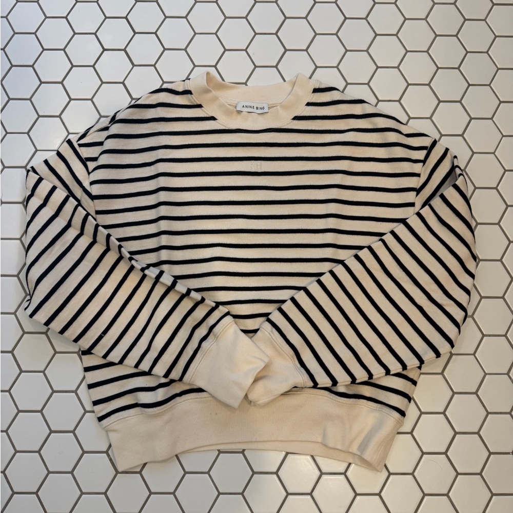 ANINE BING Cream Crewneck Sweater with Black Stripes